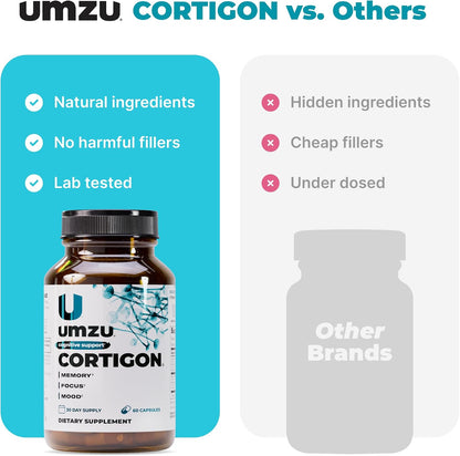 UMZU Cortigon Cortisol Support Supplement, 30 Day Supply | Ginkgo Biloba, Phosphatidylserine, Vitamins B6 and B12, Healthy Stress Response, Mood, Focus and Cognitive Support