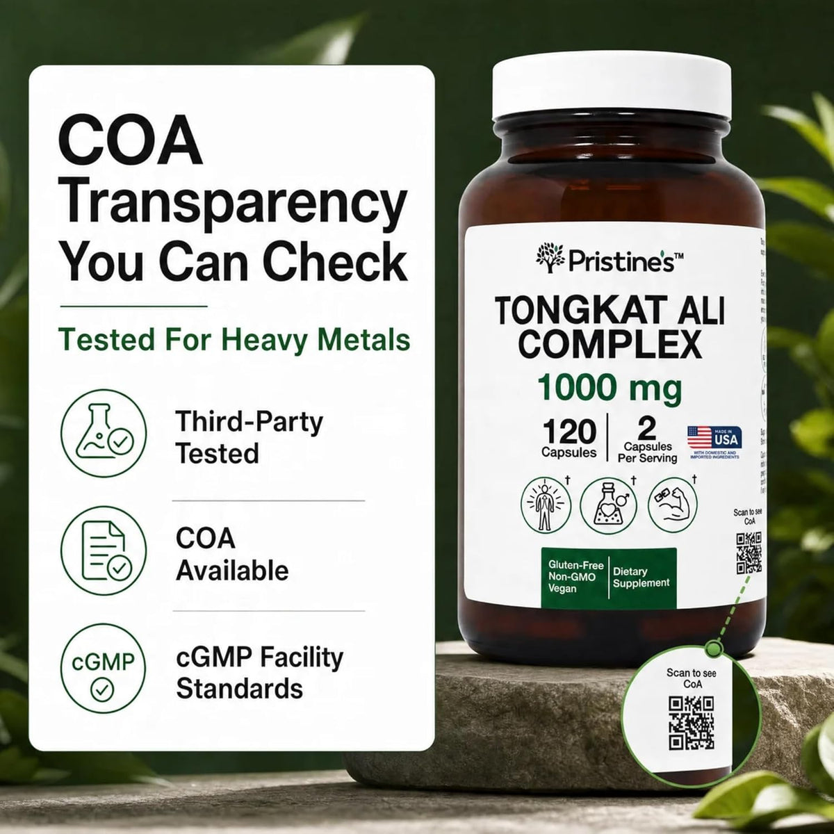 PRISTINE'S Tongkat Ali Complex 1000mg with Tribulus, Vegan, 120 Capsules | Strength, drive and stamina support from a 100:1 root extract blend. Vegan, non-GMO, gluten-free, 120 capsules