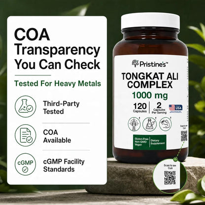 PRISTINE'S Tongkat Ali Complex 1000mg with Tribulus, Vegan, 120 Capsules | Strength, drive and stamina support from a 100:1 root extract blend. Vegan, non-GMO, gluten-free, 120 capsules