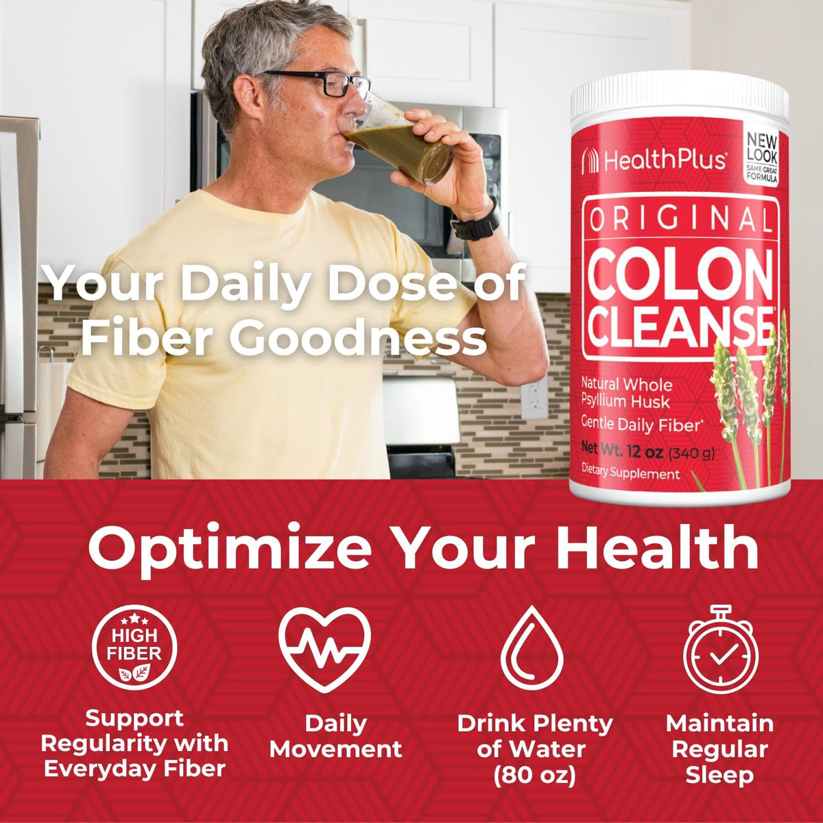 Health Plus Colon Cleanse Psyllium Husk Fiber Powder, 12 oz, 48 Servings | Gluten free daily fiber powder; supports the body's natural detoxification process, regularity, and digestive wellness