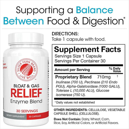 Silver Fern Bloat & Gas Relief Digestive Enzyme Blend 1 Bottle 30 Servings | FODMAP & Bloating Digestion Supplement with Tolerase L, Pectinase & More (1 Bottle)
