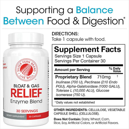 Silver Fern Bloat & Gas Relief Digestive Enzyme Blend 1 Bottle 30 Servings | FODMAP & Bloating Digestion Supplement with Tolerase L, Pectinase & More (1 Bottle)