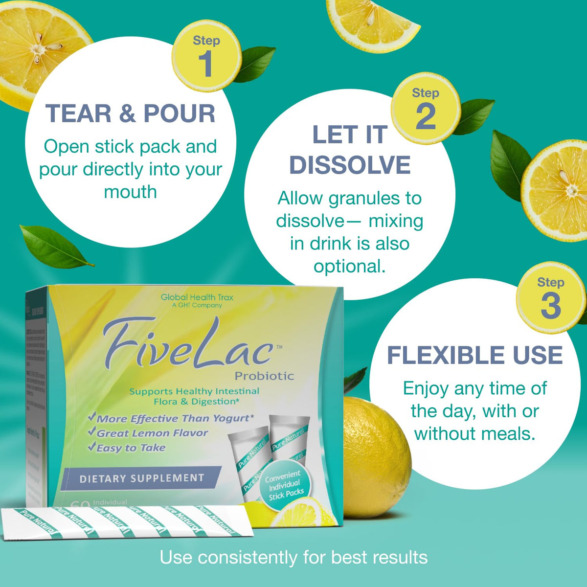 Global Health Trax GHT - ThreeLac Lemon Probiotic Drink Mix for Digestive Health - Advanced Probiotic Powder Formula for Men, Women & Kids - Immune Support & Gut Balance, Non-GMO - 60 Packets