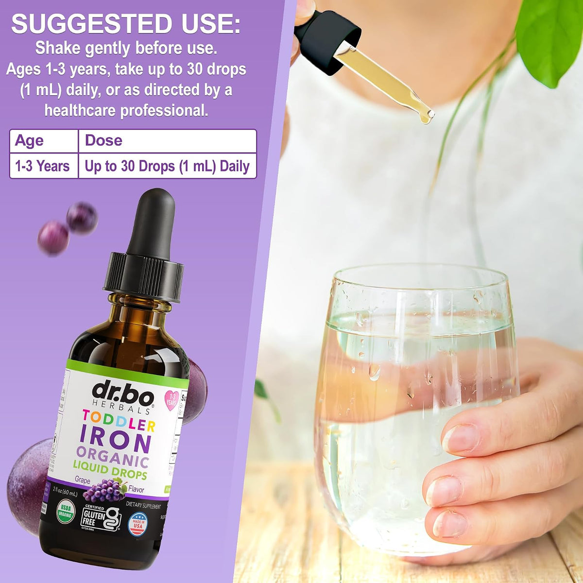 Iron Supplement for Toddlers & Kids - Organic Liquid Iron Drops for Kids, Toddler, Baby, Infant, Toddlers Supplements Ages 1-3 - Organic Vegan Toddler Liquid Drops Supplement, Gluten Free, Non-GMO 2oz
