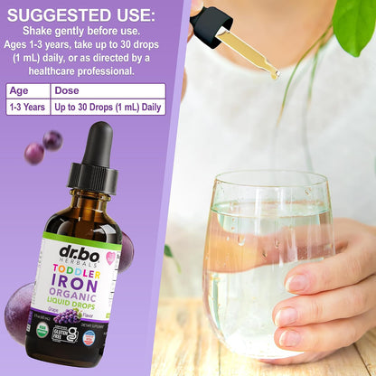 Iron Supplement for Toddlers & Kids - Organic Liquid Iron Drops for Kids, Toddler, Baby, Infant, Toddlers Supplements Ages 1-3 - Organic Vegan Toddler Liquid Drops Supplement, Gluten Free, Non-GMO 2oz