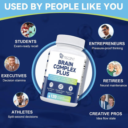 Brain Supplements for Memory & Focus - Nootropic with Bacopa Monnieri, Lion's Mane, Alpha GPC, Phosphatidylserine | Supports Mental Clarity & Cognitive Function | Vitamin B6 & B12-120 Capsules