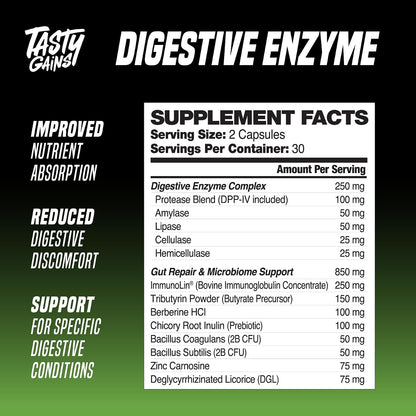 TASTY GAINS - Complete Digestive Enzymes Supplement for Gut Health - Bloating Relief for Men and Women - Enzymes for Digestion - Food Discomfort Relief & Debloat (60 Capsules)