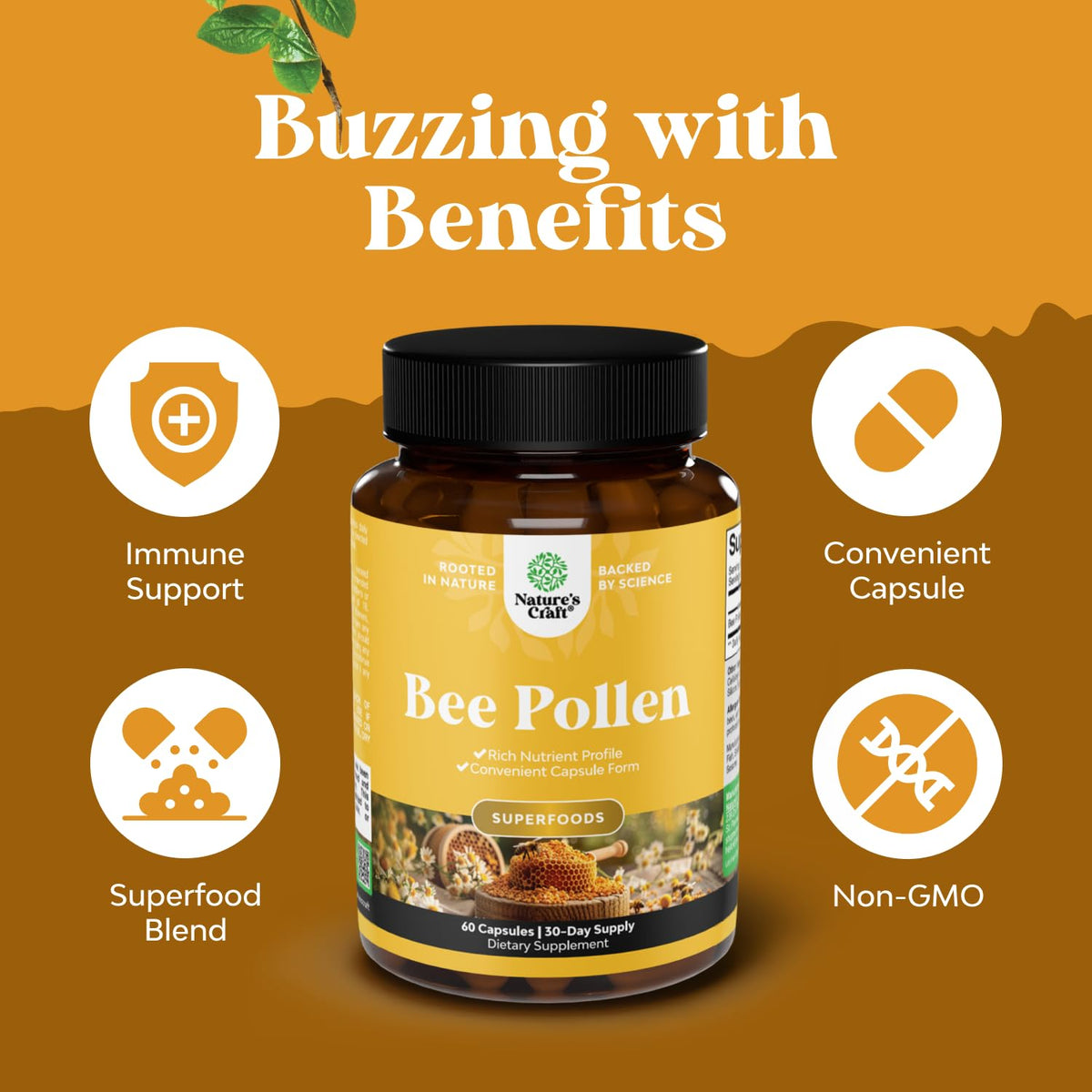 Bee Pollen Pills for Breast Growth 60 Ct - Bee Pollen Supplement 1000mg Serving with Naturally Occurring B Vitamins Minerals & Enzymes - Breast Support Supplement - Vegetarian Non-GMO & Gluten Free