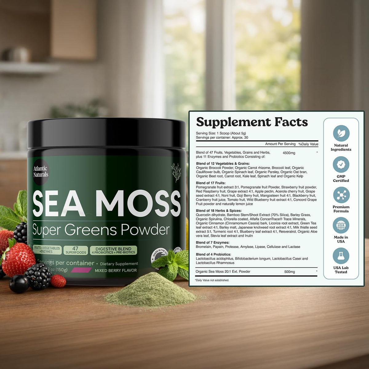Atlantic Naturals Sea Moss Super Greens Powder – Organic Green Superfood Drink Mix with Fruits, Veggies & Probiotics – Energy, Digestion & Immune Support – 5000mg, Mixed Flavor