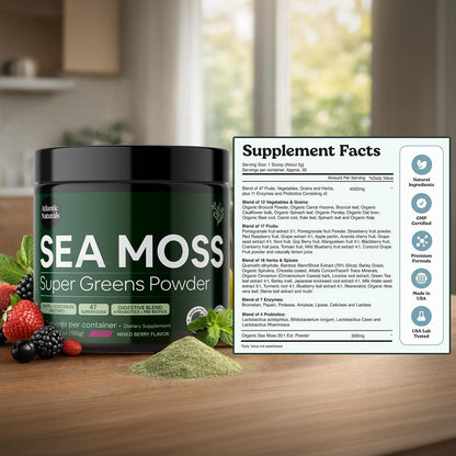 Atlantic Naturals Sea Moss Super Greens Powder – Organic Green Superfood Drink Mix with Fruits, Veggies & Probiotics – Energy, Digestion & Immune Support – 5000mg, Mixed Flavor