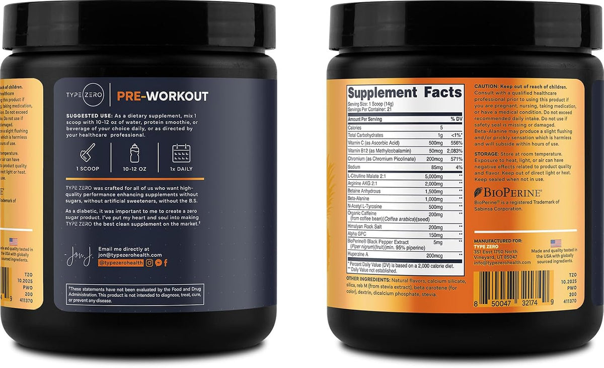 Type Zero Clean Pre Workout Powder (Pineapple Mango) 21 Servings | 200mg Natural Caffeine, L-Citrulline Malate, Beta Alanine, Alpha GPC, Huperzine A, Himalayan Salt, Sugar Free
