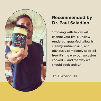 Lineage Provisions Grass-Fed Beef Tallow, 3-Pack Glass Jars | 100% grass-fed & finished, US-raised cattle, nose-to-tail rendered, cooking oil alternative, keto & paleo friendly.
