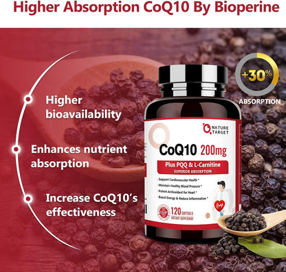 NATURE TARGET CoQ10 200mg with PQQ, L-Carnitine and Omega-3s, 120 Softgels | High-Absorption Coenzyme Q10 with BioPerine Supports Heart, Immune Health and Cellular Energy Production