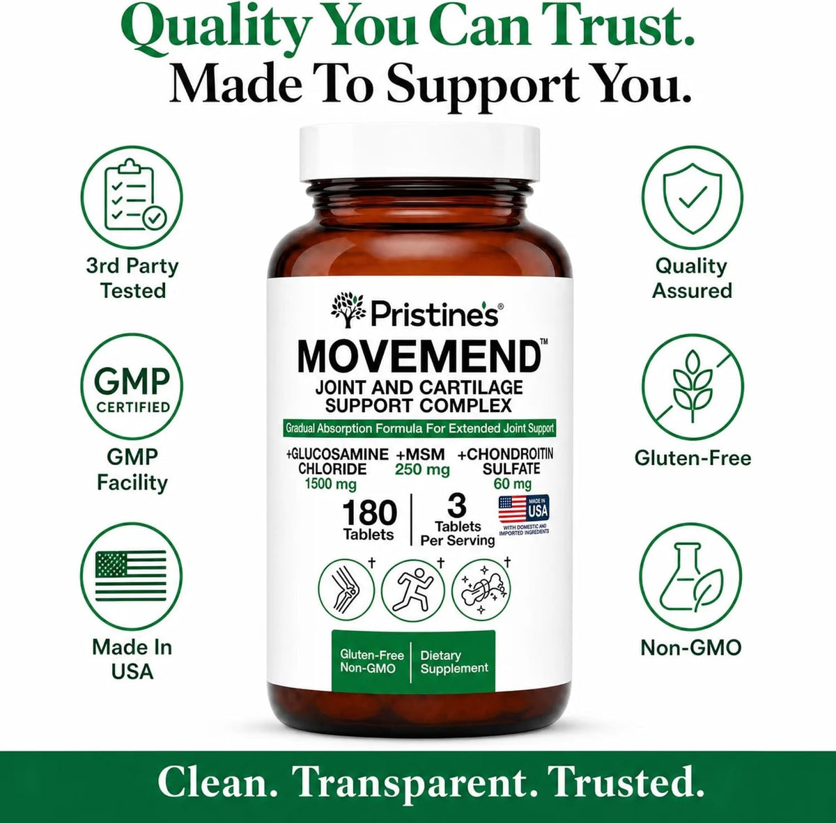 PRISTINE'S Movemend Glucosamine MSM Chondroitin Joint Support, 180 Tablets | Hyaluronic acid, Collagen Peptides, Vitamin C, Boswellia, Curcumin, Ginger, and Black Pepper For Joint Comfort and Mobility.