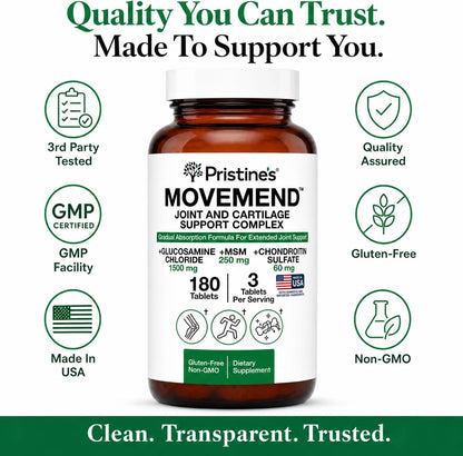 PRISTINE'S Movemend Glucosamine MSM Chondroitin Joint Support, 180 Tablets | Hyaluronic acid, Collagen Peptides, Vitamin C, Boswellia, Curcumin, Ginger, and Black Pepper For Joint Comfort and Mobility.