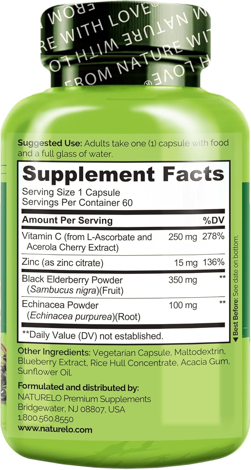 NATURELO Immune Support – Vitamin C, Elderberry, Zinc, Echinacea – Natural Immunity Boost w/Antioxidant, Herbal & Mineral Defense - 60 Vegan Capsules