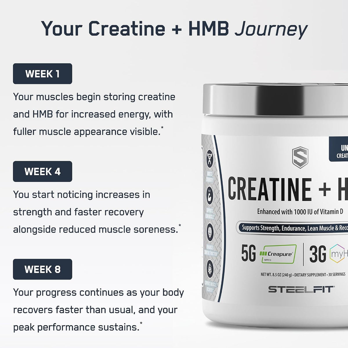 SteelFit Creatine HMB Powder - 5g Creapure Creatine Monohydrate Powder | 3g myHMB & 1000 IU Vitamin D, Workout Supplement Supports Muscle Growth, Strength, Recovery, Energy - Unflavored, 30 Servings