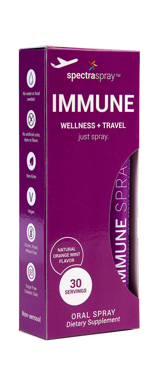 Purple SpectraSpray immune wellness and travel oral spray packaging on a white background
