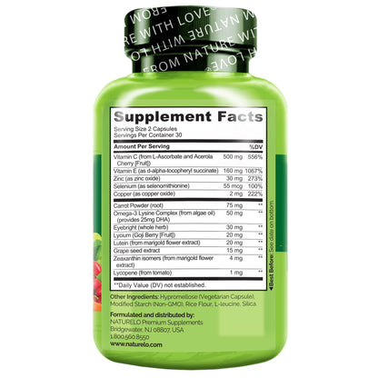 NATURELO Eye Vitamins - AREDS 2 Formula Nutrients with Lutein, Zeaxanthin, Vitamin C, E, Zinc, Plus DHA - Supplement for Dry Eyes, Healthy Vision, Eye Support - 60 Vegan Capsules