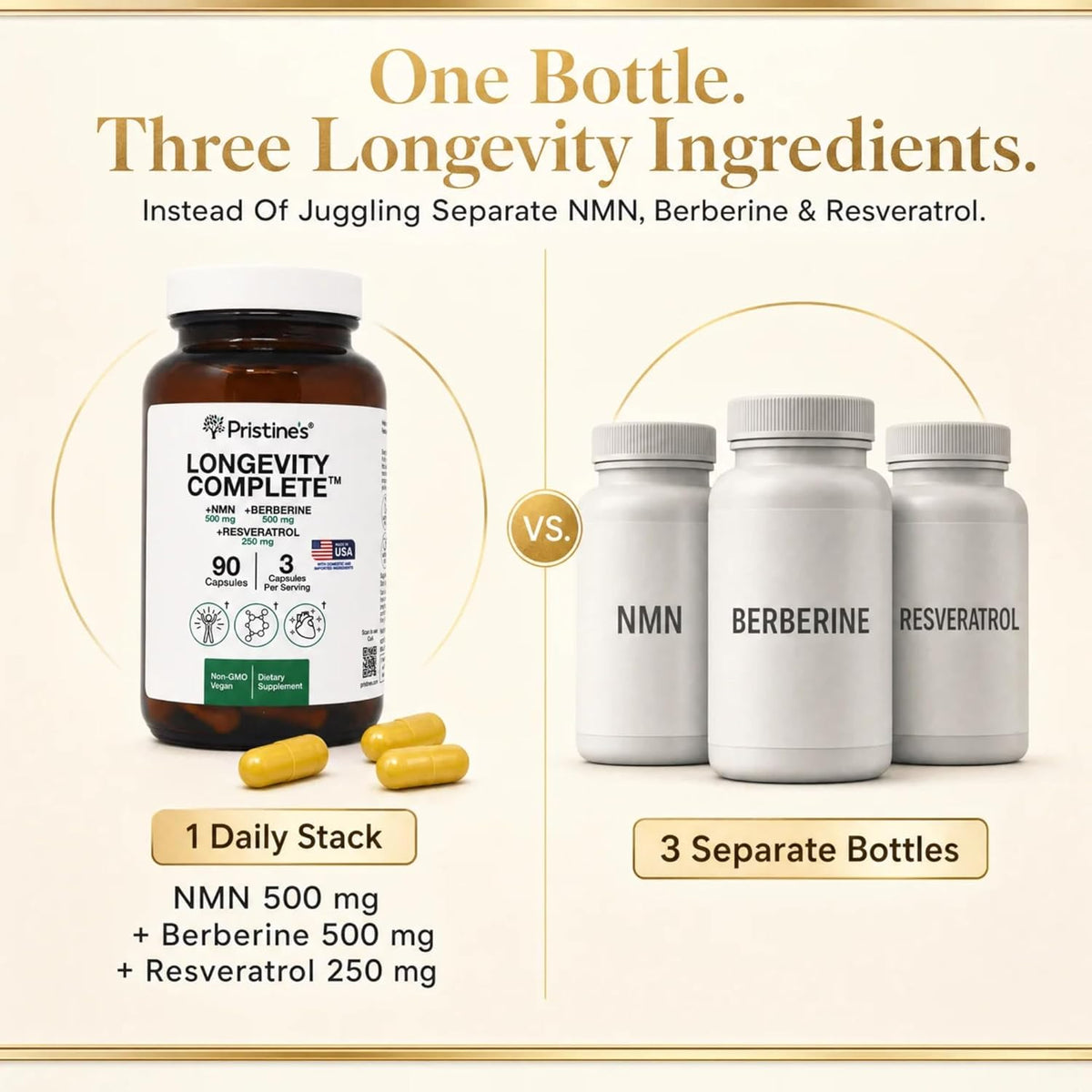 PRISTINE'S Longevity Complete NMN Resveratrol Anti-Aging Cellular Support | NMN, resveratrol and berberine in one longevity stack for anti-aging cellular support. Vegan, non-GMO, 90 count glass bottle