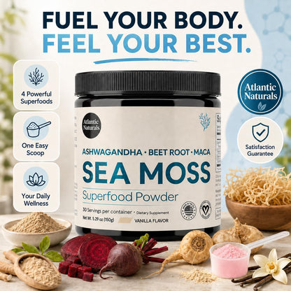 Atlantic Naturals Organic Sea Moss Powder with Beet Root Powder, Ashwagandha & Maca Root – Superfood Reds & Adaptogen Blend for Energy, Mood & Skin – Vanilla Flavor Drink Mix (150g)