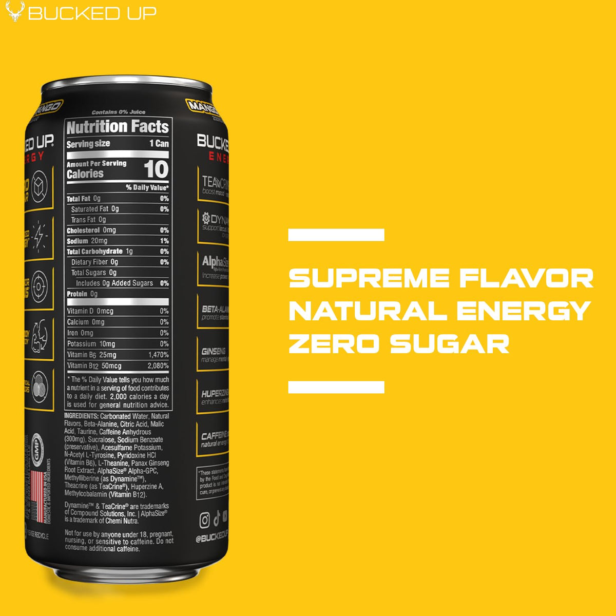 Bucked Up Energy Zero Sugar | 300mg Caffeine Energy Drink with AlphaSize TeaCrine Dynamine and Huperzine A | Zero Sugar Performance Beverage, 12 Pack, 16 fl oz Cans (Mango Tango)
