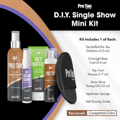 Pro Tan Competition Tanning Kit - Self Tanner Set | Pre-Tan Skin Exfoliator, Overnight Competition Color Base Coat, Instant Top Coat Mousse, Ultra-Light Posing Oil, & Mitt