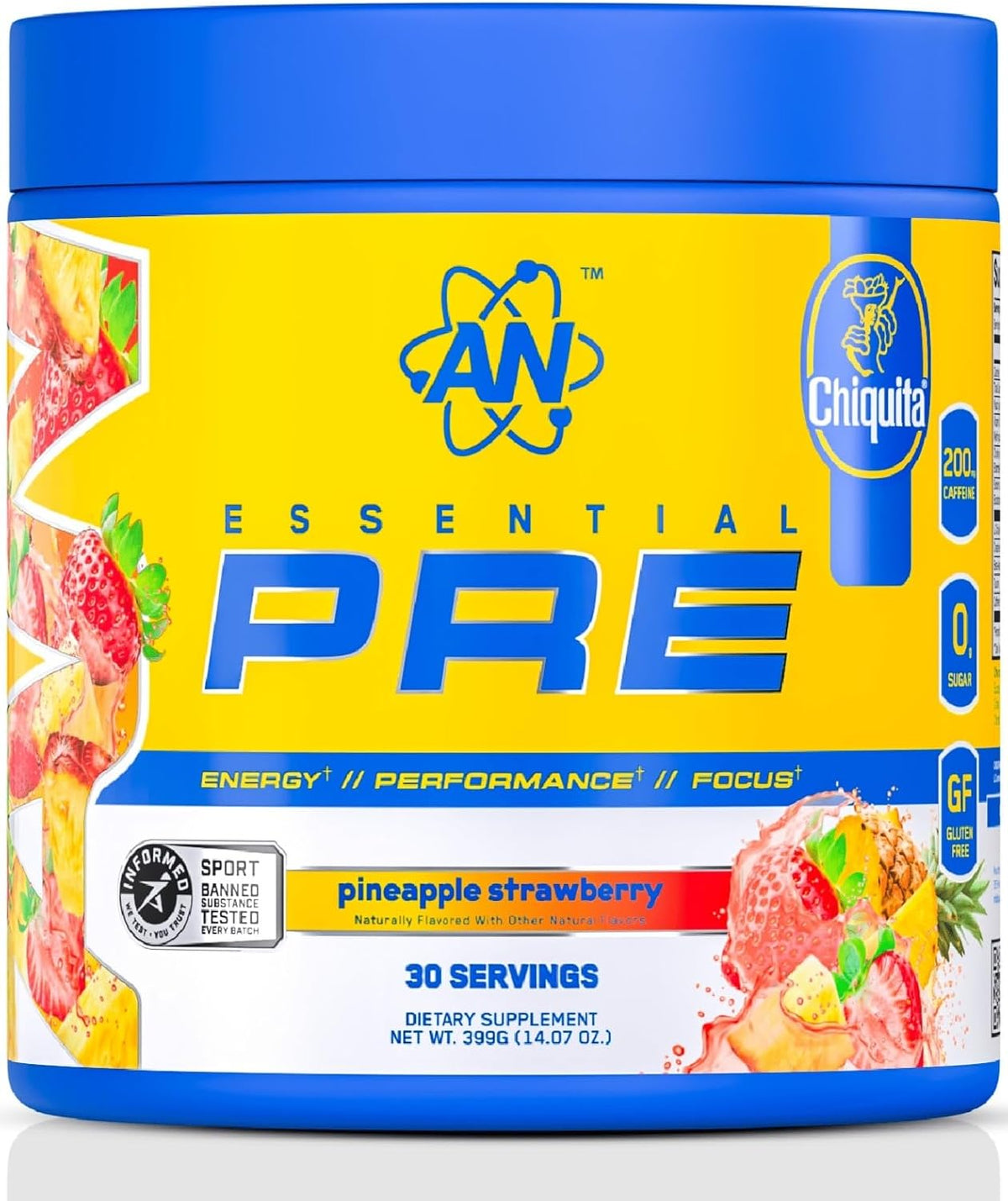 an Essentials Pre-Workout | Preworkout Energy Drink Mix | 200mg Caffeine | Creatine, Beta Alanine & Citrulline | Energy Supplement for Men & Women | Chiquita Pineapple Strawberry | 30 Servings