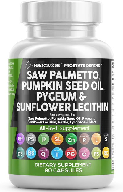 Clean Nutraceuticals Saw Palmetto Pumpkin Seed Oil Pygeum Sunflower Lecithin Stinging Nettle Cranberry - Prostate Supplements for Men with Lycopene - 90 Caps