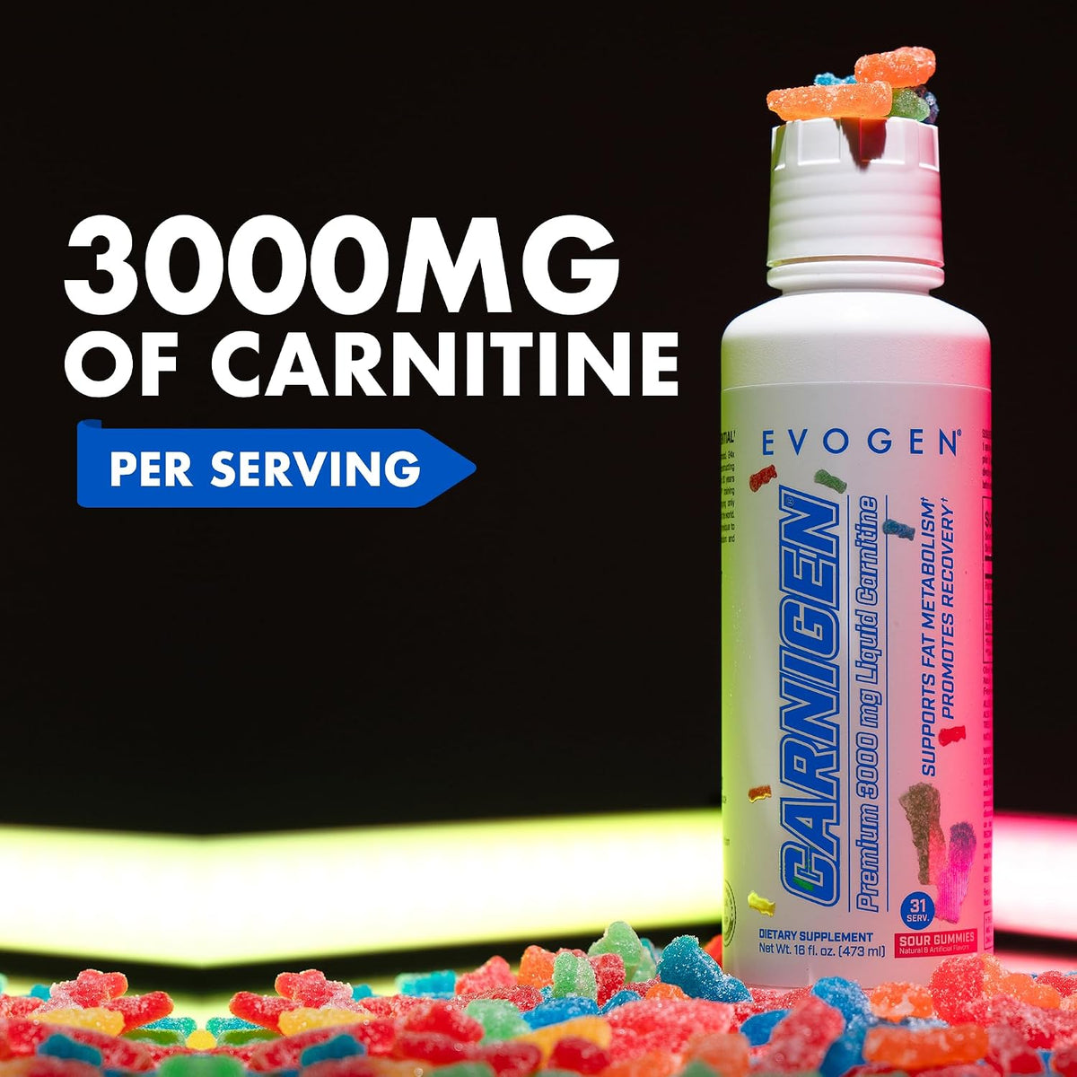 Evogen Carnigen Liquid 3000 | Energy Support | Sour Gummies | 31 Servings