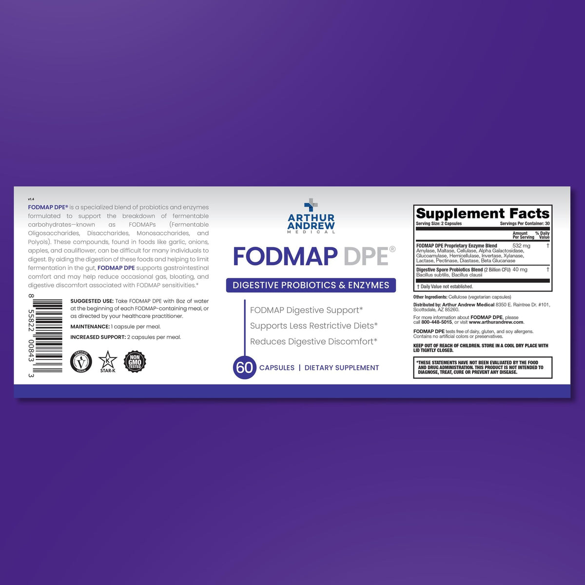 Arthur Andrew Medical, FODMAP DPE, Digestive Enzymes, 60 Capsules | Digestive Enzymes, & Probiotics For FODMAP Intolerance & The Digestion Of Fermentable Foods. Vegan, Non-GMO