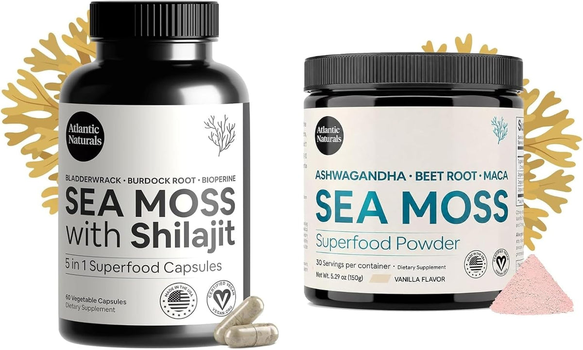 Atlantic Naturals Sea Moss Superfood Bundle - Sea Moss with Shilajit 5-in-1 Capsules & Sea Moss Powder with Ashwagandha, Beet Root & Maca Root - Enhanced Vitality, Skin & Athletic Support 60 ct & 150g