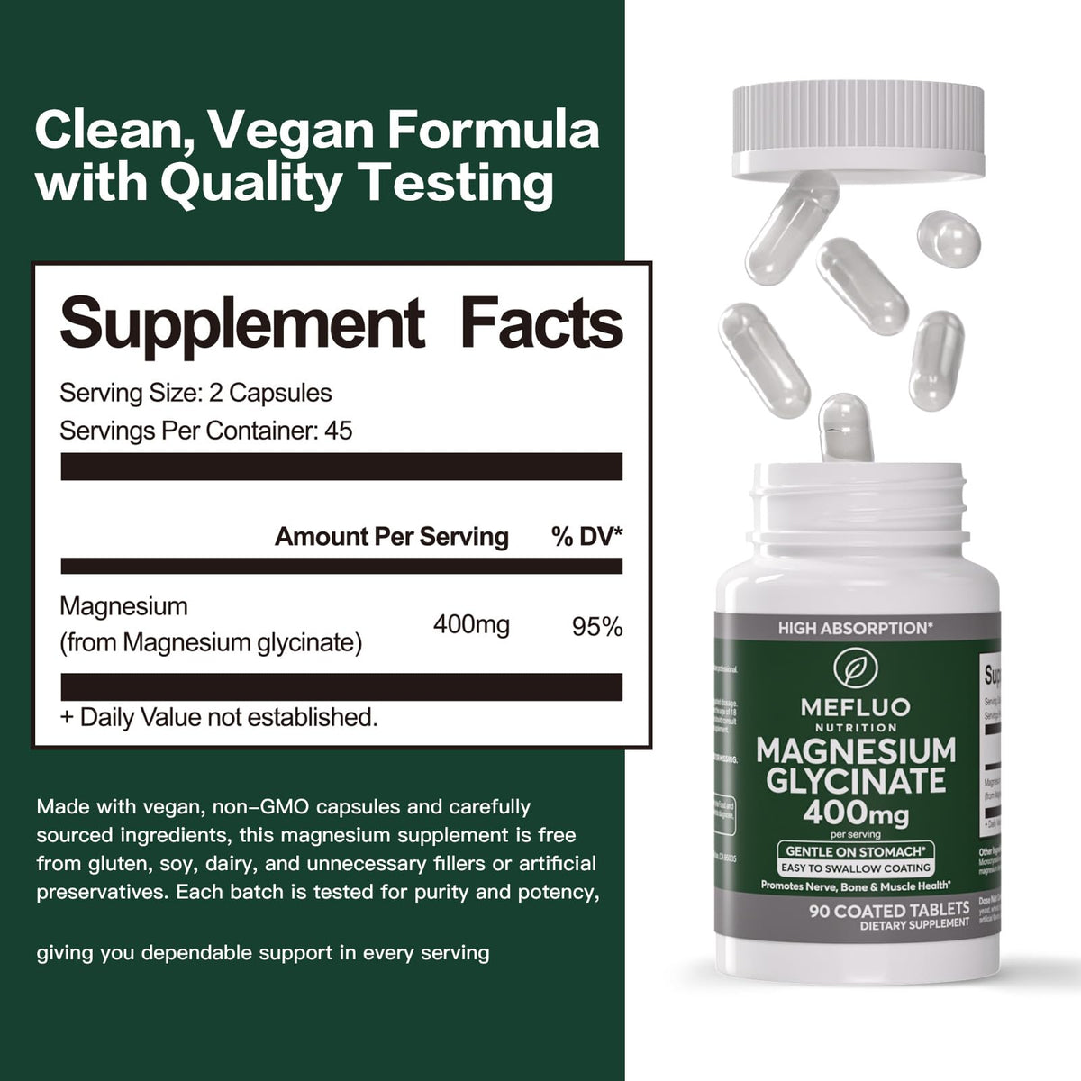 Magnesium Glycinate 400mg – High Absorption Magnesium Supplement for Muscle, Nerve & Sleep Support – Gentle on Stomach, Non-GMO, Vegan Capsules, 90 Count MefluoBuy Supplements Australia