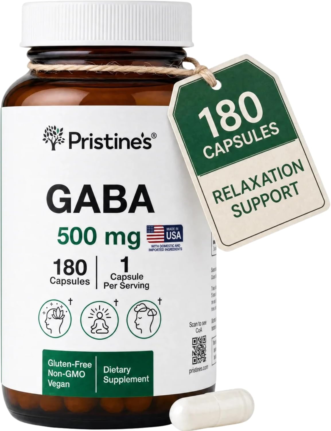 PRISTINE'S GABA 500mg Capsules Sleep Support, Relaxation, 180 Count, Vegan | Evening calm and relaxation support for a simple sleep routine. 180 servings, vegan, non-GMO, gluten-free glass bottle