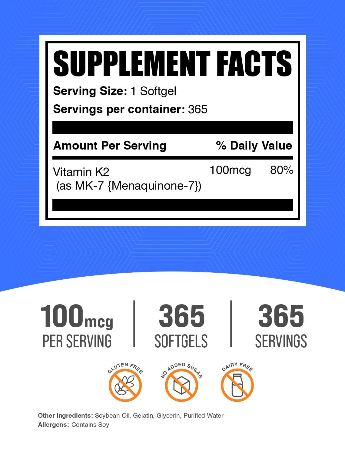 BulkSupplements.com Vitamin K2 Softgels - Vitamin K2 MK7, Vitamin Supplements - Gluten Free, 1 Softgel per Serving, 365 Count (Pack of 1)