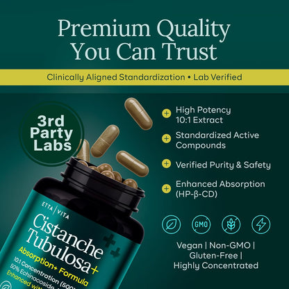 Cistanche Tubulosa Capsules 500 mg 2x Potent 50% Echinacoside/10% Acetoside | Cistanche supplement enhanced absorption with HBC for stress, mood, cortisol support & hormonal balance, vegan, non-GMO, USA