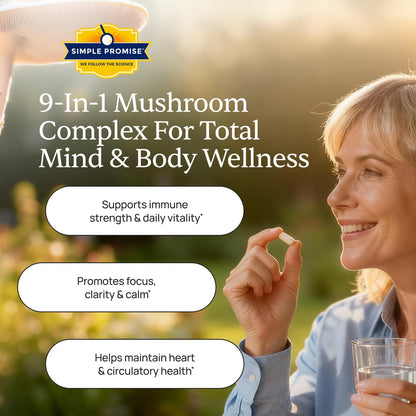 Cholibrium - 9-in-1 Mushroom Complex for Immunity - Lion's Mane and Reishi | 9-Mushroom Complex, Immune and Focus Support, Cordyceps and Shiitake, Simple 2-Capsule Routine, Vegan, 1,330mg
