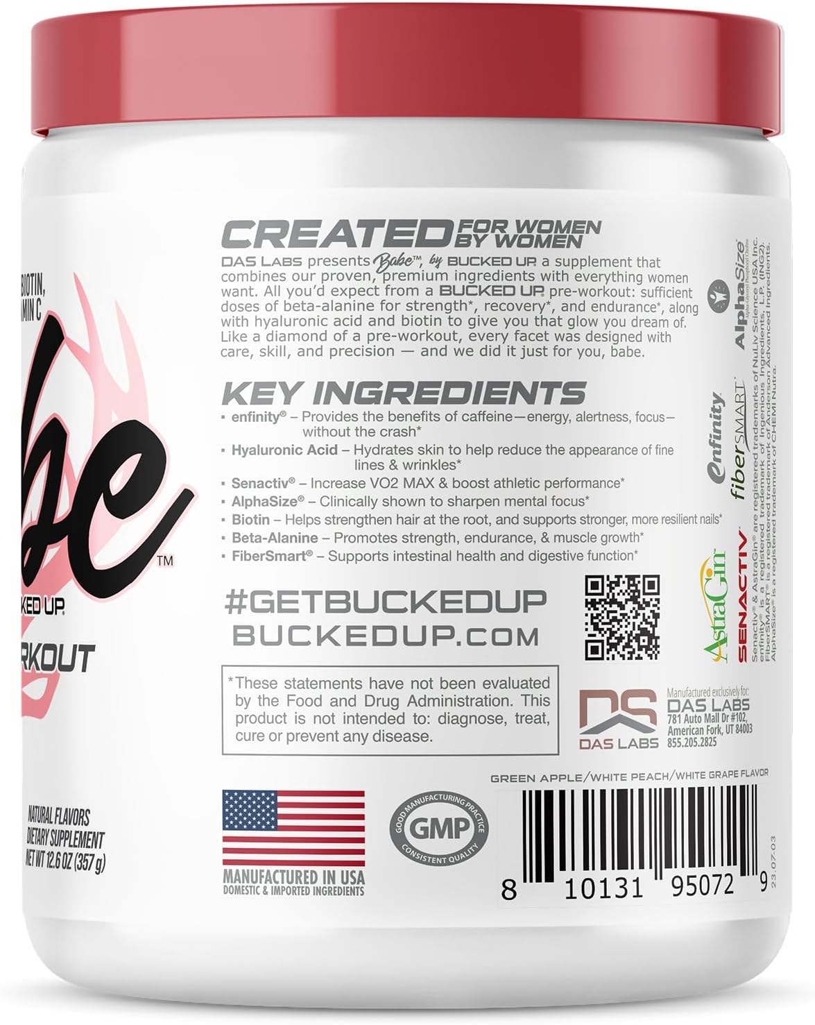 Babe Pre Workout powder for Women | Sparkling Orchard | 6g Citrulline, 2g Beta-Alanine, 100mg Hyaluronic Acid, 5mg Biotin and 5 other registered trademarked ingredients | 30 servings | 12.6 OZ