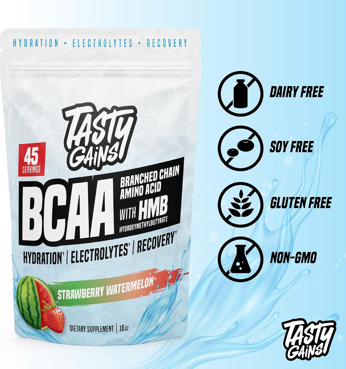 TASTY GAINS - Amino Acids Supplement - BCAA Powder, Amino Energy Powder, Essential Energy with Electrolytes, Essential BCAA & EAA with HMB - 45 Servings, Strawberry Watermelon
