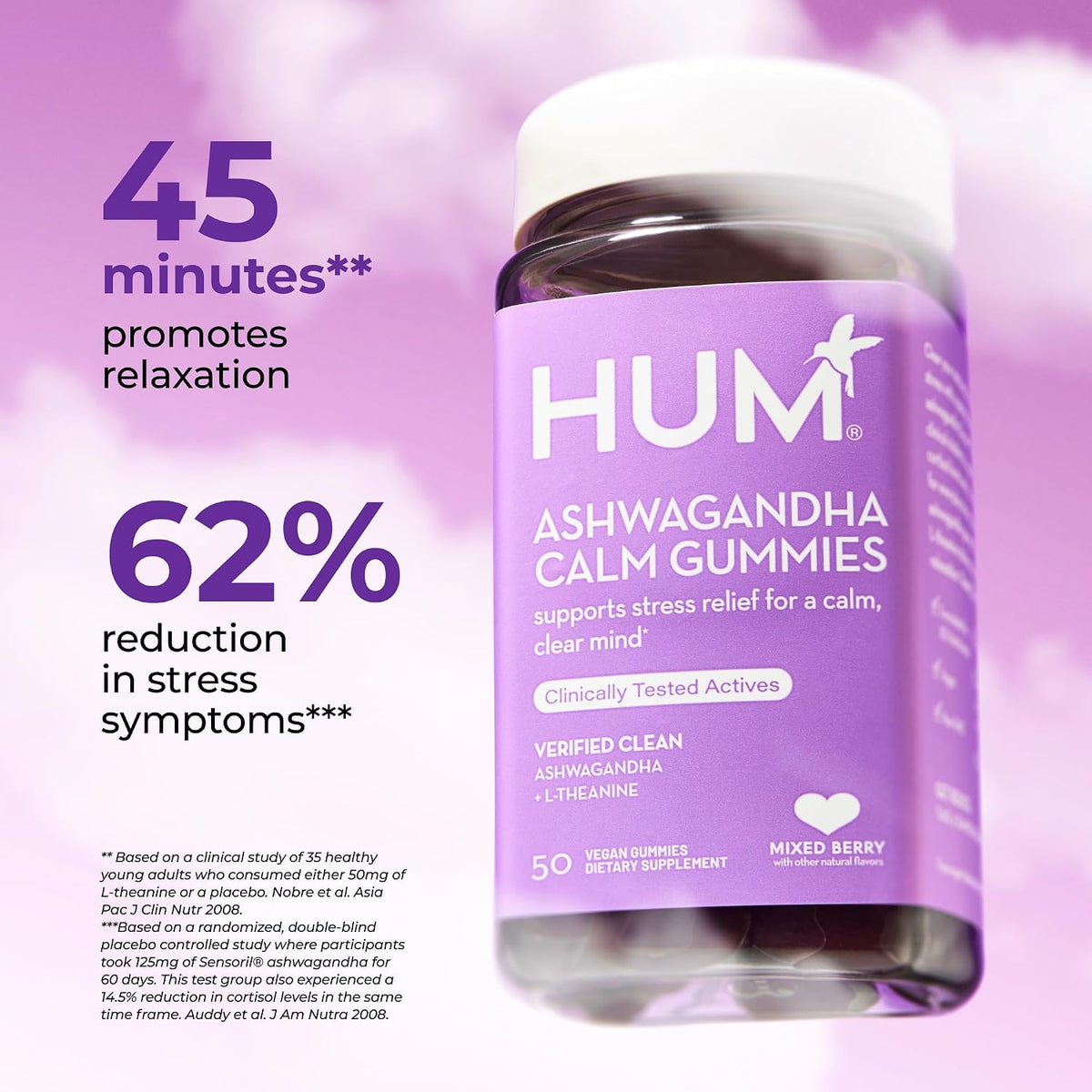 HUM Calm Ashwagandha Gummies with L-Theanine, Mixed Berry, 60 Count