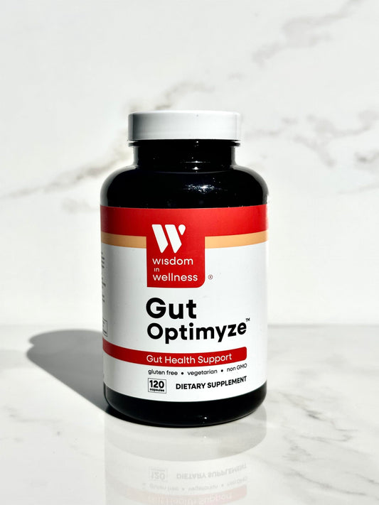 Supplement bottle labeled 'Gut Optimize' by Wisdom Wellness on a white background