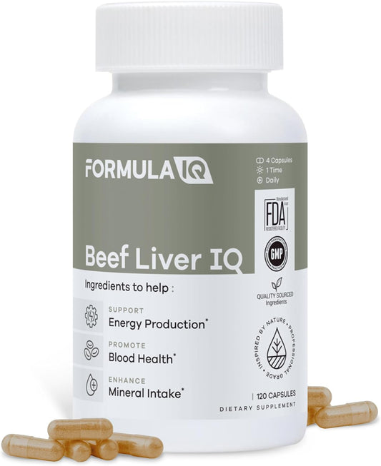 Suplement Product​Formula IQ - Beef Liver IQ - Beef Liver Capsules - Supports Energy Production - Natural Iron, Copper, Vitamin A, & Vitamin B - High Absorption - 120 Capsules - PureBliss USA