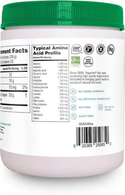 Organika Enhanced Hydrolyzed Collagen Peptides Powder: Easy Absorption Unflavored Collagen Powder for Skin, Hair, Nails, Joints, Muscles, & Gut - Keto, GMO-Free, Grass-Fed (1.1 Pounds)