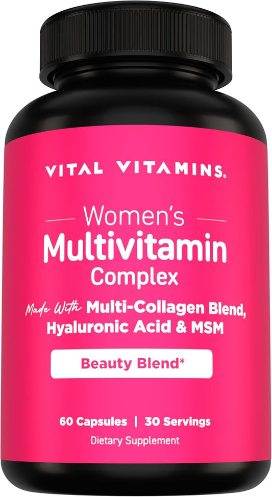 Vital Vitamins Women's Multivitamin Complex with Collagen & Hyaluronic Acid | 25 Vitamins and Minerals, Multi-Collagen Blend, Hyaluronic Acid & MSM for Hair, Skin & Nails, 60 Capsules