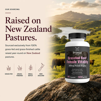 Primal Being Grassfed Beef Female Vitality Supplement- Supports Hormonal Health, Fertility, Inflammation, Energy - 90 Capsules, 1500mg per Serving