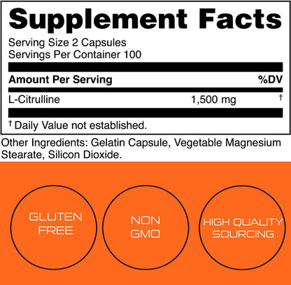 Bucked Up L-Citrulline 200 Capsules | 1500mg Per Serving | Gluten-Free | Non-GMO | Third-Party Tested | Premium Citrulline Supplement for Daily Use - 100 Servings (200 Capsules)
