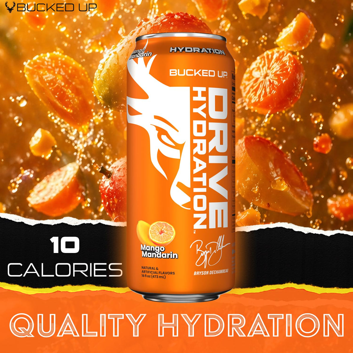 Bucked Up Drive Hydration and Energy | Zero Sugar Electrolyte Drink with GeniusPure Alpha-GPC & 50mg Natural Caffeine | No Artificial Colors | Performance Hydration Beverage | 12 Pack, 16 fl oz Cans | (Mango Mandarin)
