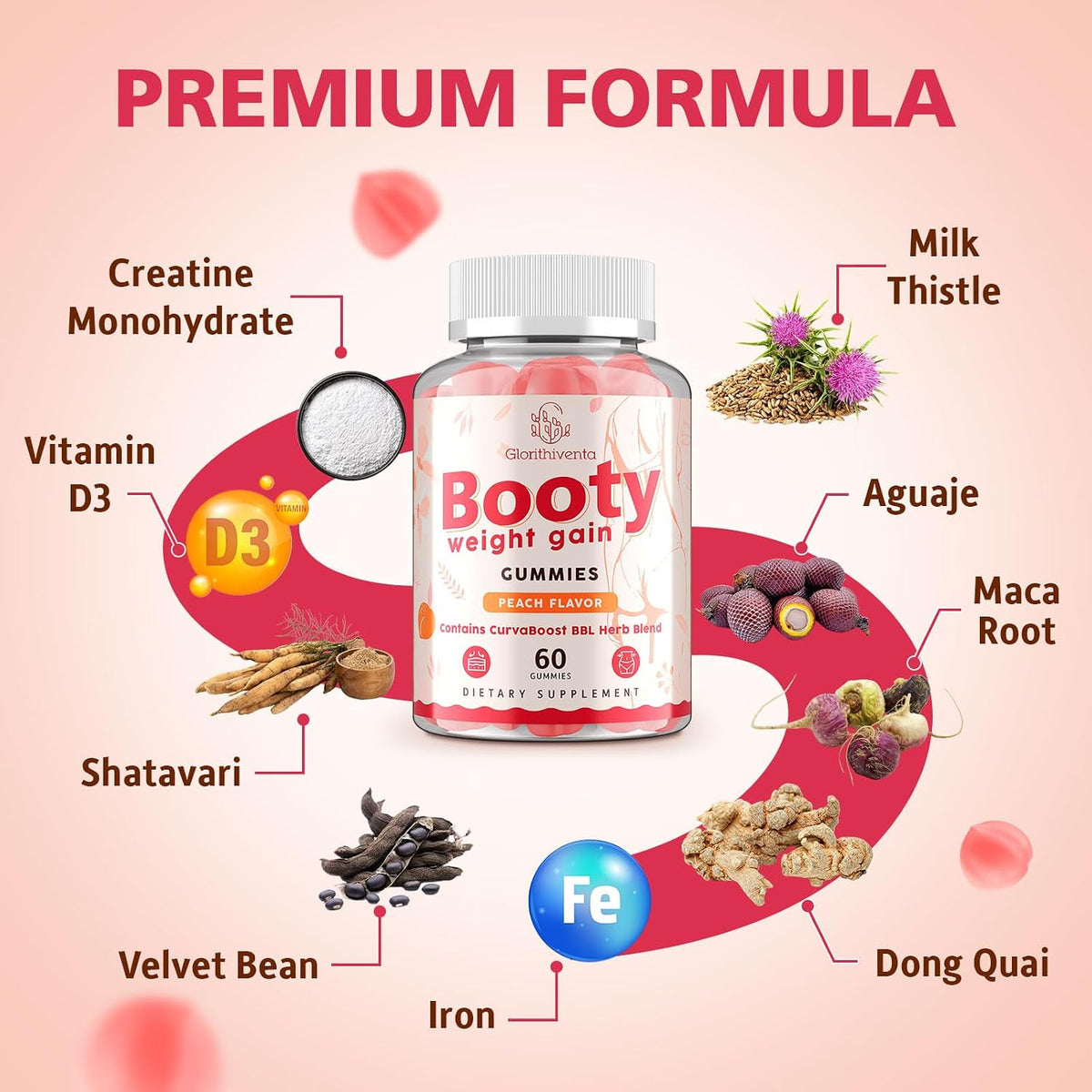 Booty Gummies for Women, BBL Gummies Contains CurvaBoost BBL Herb Blend & Creatine Monohydrate for Booty, Curves & Energy, Zero Sugar, Vegan, Peach Flavor - 60 Counts