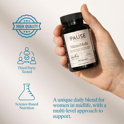 The 'Pause Life MenoMulti, Bone, Hair & Skin + Genistein, 30 Capsules | Biotin, B12, B6, folate & geniVida genistein formula for women. Supports hair, nails, skin, heart & bone health. Gluten free.