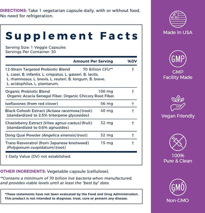 NewRhythm Menopause Probiotics for Women, 7-in-1 Relief, Prebiotics, Black Cohosh Trans-Resveratrol Chasteberry Red Clover Dong Quai, Hot Flashes Night Sweats, No Soy, No Estrogen, 30 Ct